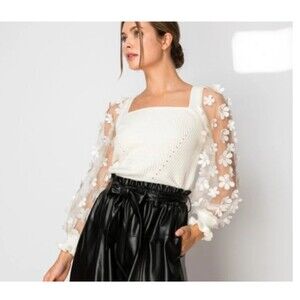 Industry Square Neck Sweater with Puffed Floral Sleeves Size S Tutu Pink EUC